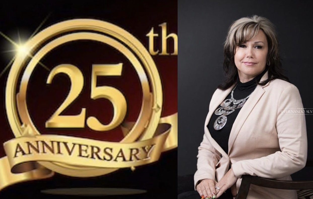 25th Anniversary logo and a woman in beige jacket with silver necklace